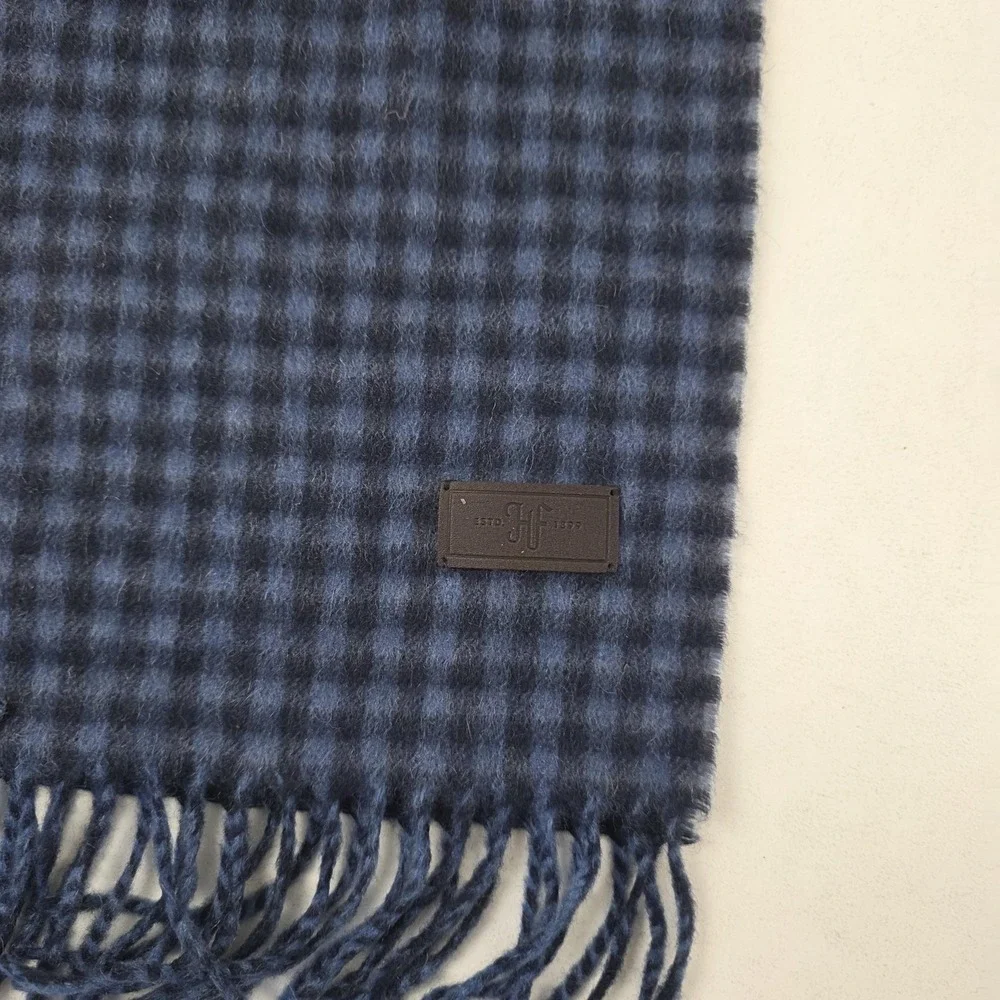 Hickey Freeman Scarf Mens Blue Plaid 100% Cashmere Fringe Winter Warm Soft